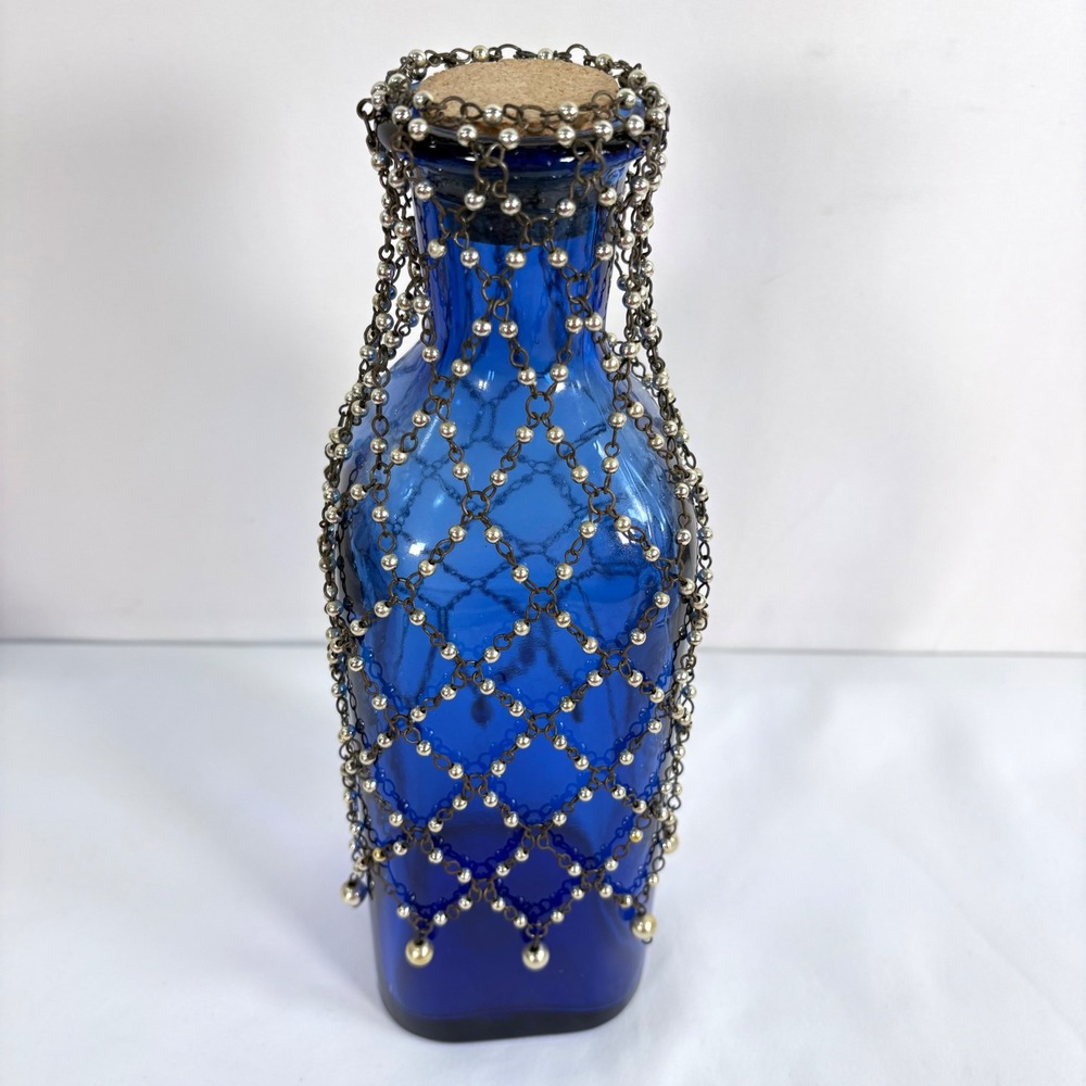 Vintage Bottle Cobalt Blue Recycled Glass Cork Decorative Chain Net Made Spain - Picture 4 of 8